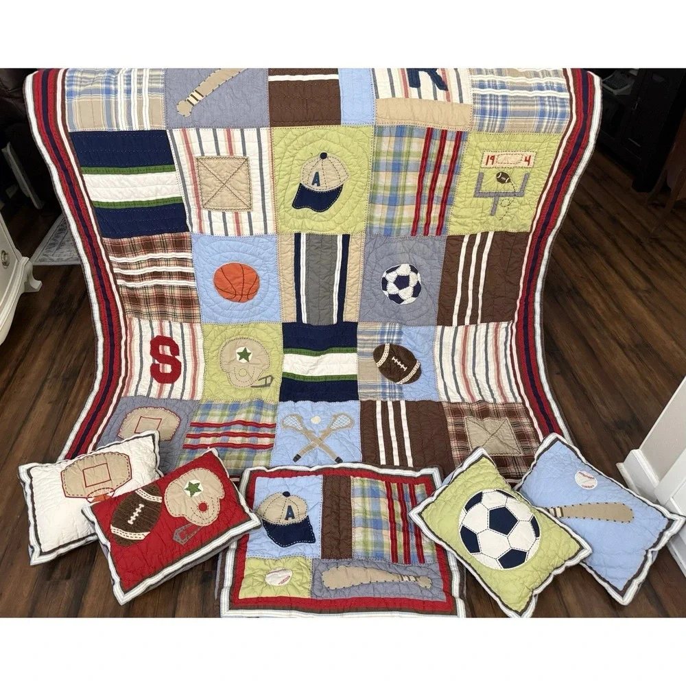 6 pc POTTERY BARN KIDS‎ Twin Quilt Sham Pillows Varsity Sports Plaid Patchwork